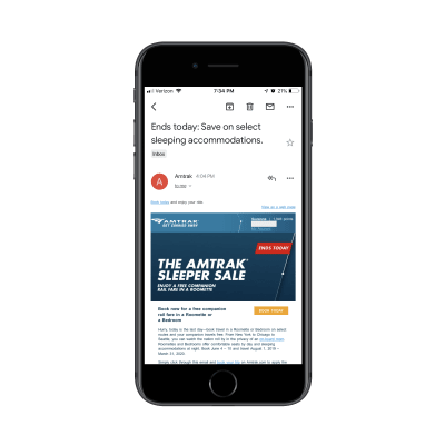 Amtrak email on Gmail mobile app