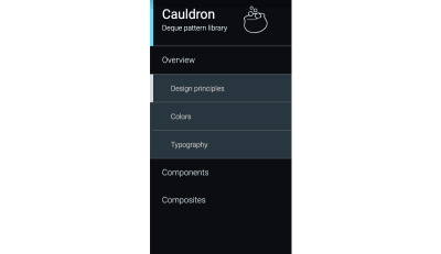 Screengrab of the navigation menu from Deque’s accessible pattern library with the Design Principles navigation item highlighted and expanded to show it subpages: Colors and Typography
