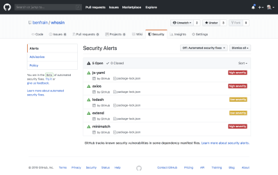 GitHub interface highlighting security issues with build tool dependencies