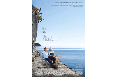 The Before Midnight movie poster features a sunny Greek island in the background