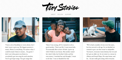 Screenshot of the Troy Stories website homepage