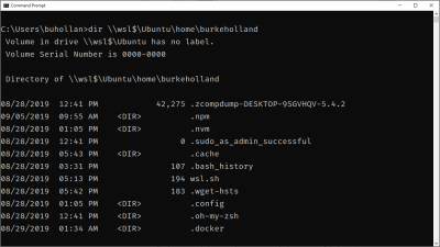 A “dir” command run against the Linux home directory from the Windows Command Line