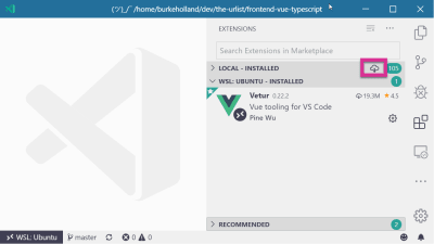 The Extensions view in VS Code with the install all extensions in WSL icon highlighted