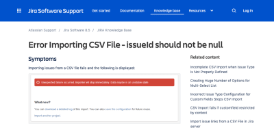 Jira knowledgebase answer about CSV file import error