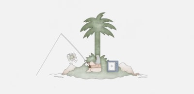An illustration of a woman gone fishing on a deserted island. She’s surrounded by a camera and a video app icon