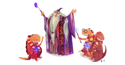 Illustration of a wizard and three little dragons who seem to be learning something from him