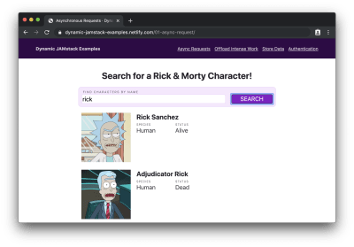 Search form filled with “rick” with characters named “Rick” displayed below.