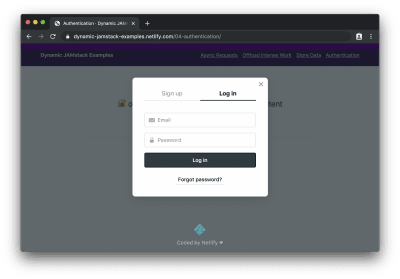 A modal window showing sign up and login tabs with a login form displayed