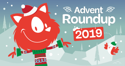 An illustration that says ‘Advent Roundup 2019’ with the Smashing Cat on the left wearing a colorful Christmas sweater and a red stocking cap, while on the left flies a happy-looking birdie wearing a green stocking cap
