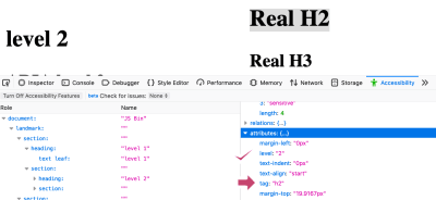 Screenshot of the firefox accessibility inspector selecting a real h2 element