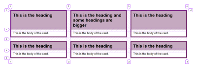 A grid of cards with the Firefox Grid Inspector showing they each sit over two rows of the grid
