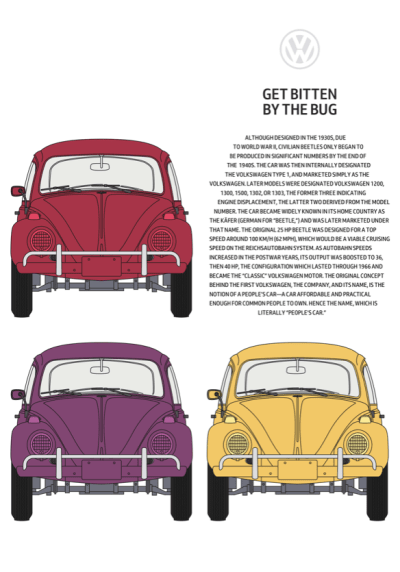 A symmetrical 2x2 grid with text sculpted into the iconic shape of the Volkswagen Beetle on medium-size screens.