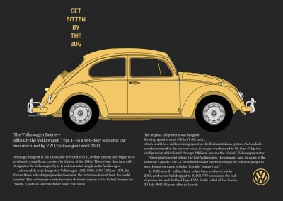 A butter yellow Beetle sits on top of two columns of running text.