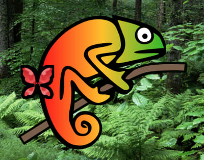 In light mode + reduced motion, Karma Chameleon is in a forest with a stationary red butterfly. In both environments, her colors and eyes are also stationary, as the original SVG animation is completely removed.