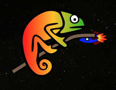 In dark mode + reduced motion, Karma Chameleon is in space with a stationary blue rocket in the background. In both environments, her colors and eyes are also stationary, as the original SVG animation is completely removed