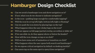 A screenshot of the Hamburger Design Checklist with 13 questions to discuss when designing and building a good navigation