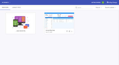 Indigo.Design dashboard with prototypes and usability tests