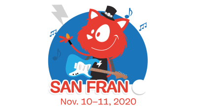 Topple the Cat holding a guitar, excited for SmashingConf taking place in San Francisco this year