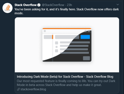 StackOverflow announces dark mode on Twitter