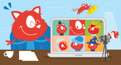 Topple the Cat running an online workshop with six other cool cats