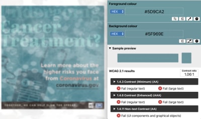 PSA with cataract simulation filter applied – color contrast ratio of 1.06:1 with the word “Undergoing” against the background with teal blue colored PSA