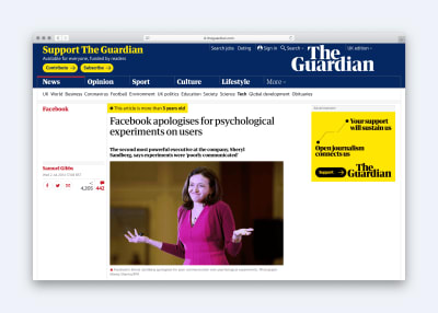 Article headline: Facebook apologises for psychological experiment on users