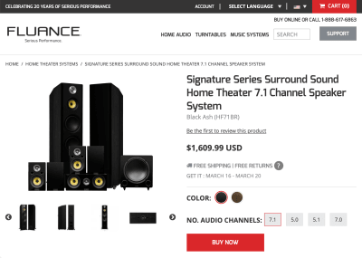 Screenshot of the Fluance website, showing their Signature Series Surround Sound Home Theater 7.1 Channel Speaker System priced at $ 1,609.99 USD