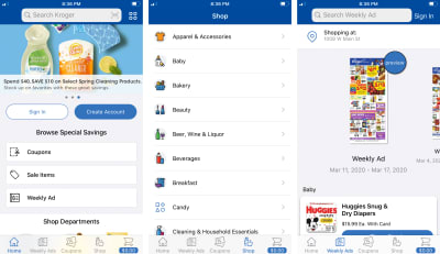 Three screenshots from the redesigned Kroger app, including the home section, shop section, and weekly ads.