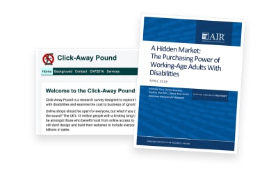 The cover page of The Purchasing Power of Working-Age Adults With Disabilities report placed over a screenshot of the Click Away Pound Survey homepage