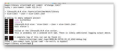 A screenshot of the terminal where the commit is aborted because the size of the file exceeds the limit