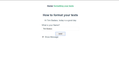 Formatting page containing a personalized greeting text with an input field with a name.