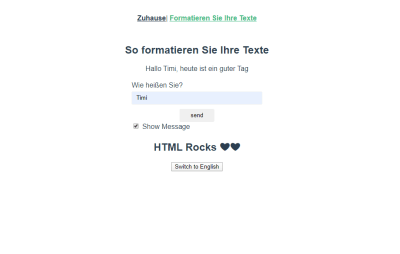 Formatting page with personalized message in Deutsch.