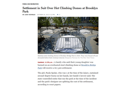 Screenshot of New York Times news article about a playground lawsuit