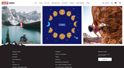 CLIF homepage with promotional images in nature