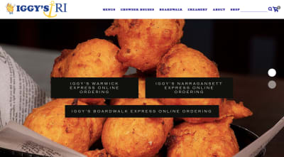 IGGY’S website with picture of clamcakes and 3 options for online ordering