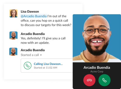 A screenshot of a chat window in Slack showing theprofile picture of the person calling along with their user name, company name, and two large bold buttons with the telephone icon on both: red button to decline call and green one to accept the call via Slack 