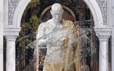 A realistic collage featuring a 3D sculpture smashing water