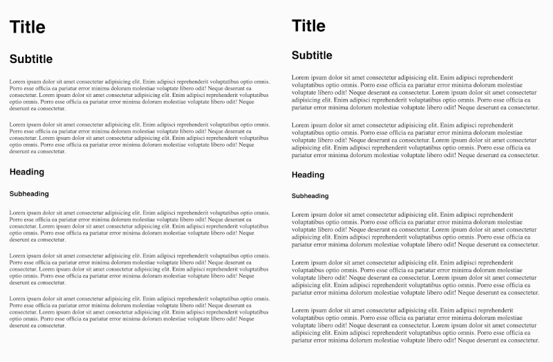 There are two articles. When switching the main font, the first article largely increase its length, since the font size is not adjusted to the x height, while the second one changes almost seamlessly