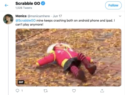 Twitter user @monicamhere complains that Scrabble GO app crashes