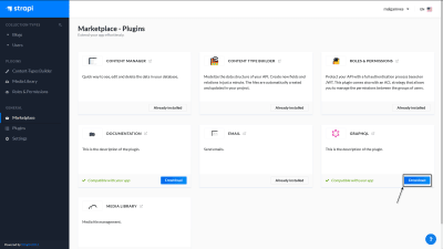A screenshot of the Strapi Marketplace with the download button on the GraphQL plugin highlighted