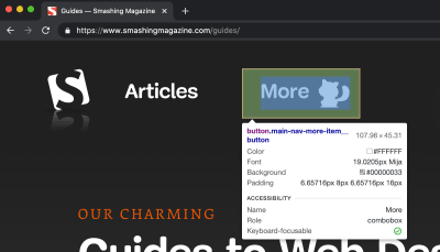 The Inspect Element tooltip appearing for an inspected button element. The tooltip shows various element properties, such as padding and role