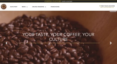 Coffee Culture Cafe website with video of coffee beans