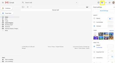 Gmail Settings panel - design and layout customization options