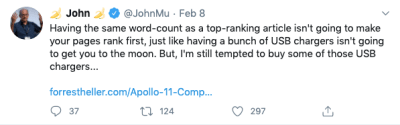 John Mueller (@JohnMu) responds to a question on Twitter about how word count correlates with page rank