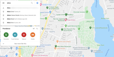 Google Maps predictive search example 'Alicia'