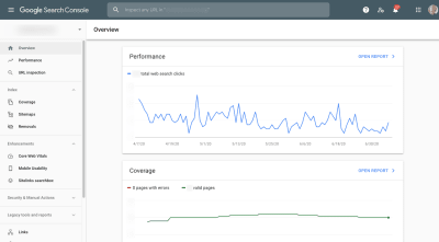 Google Search Console overview - Performance and Coverage stats