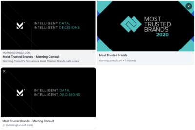 Three views of the Morning Consult report when shared on Facebook (top-left), LinkedIn (top-right) and Twitter (bottom-left)
