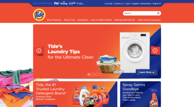Tide homepage with photo of freshly cleaned and folded laundry besides washer